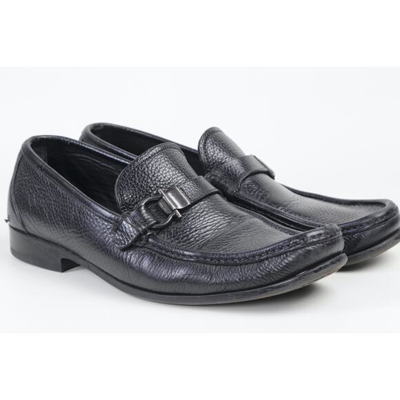 Salvatore Ferragamo Loafers Black Pebble Grain Leather Gancini Bit Mens Size 8.5 main image 9
